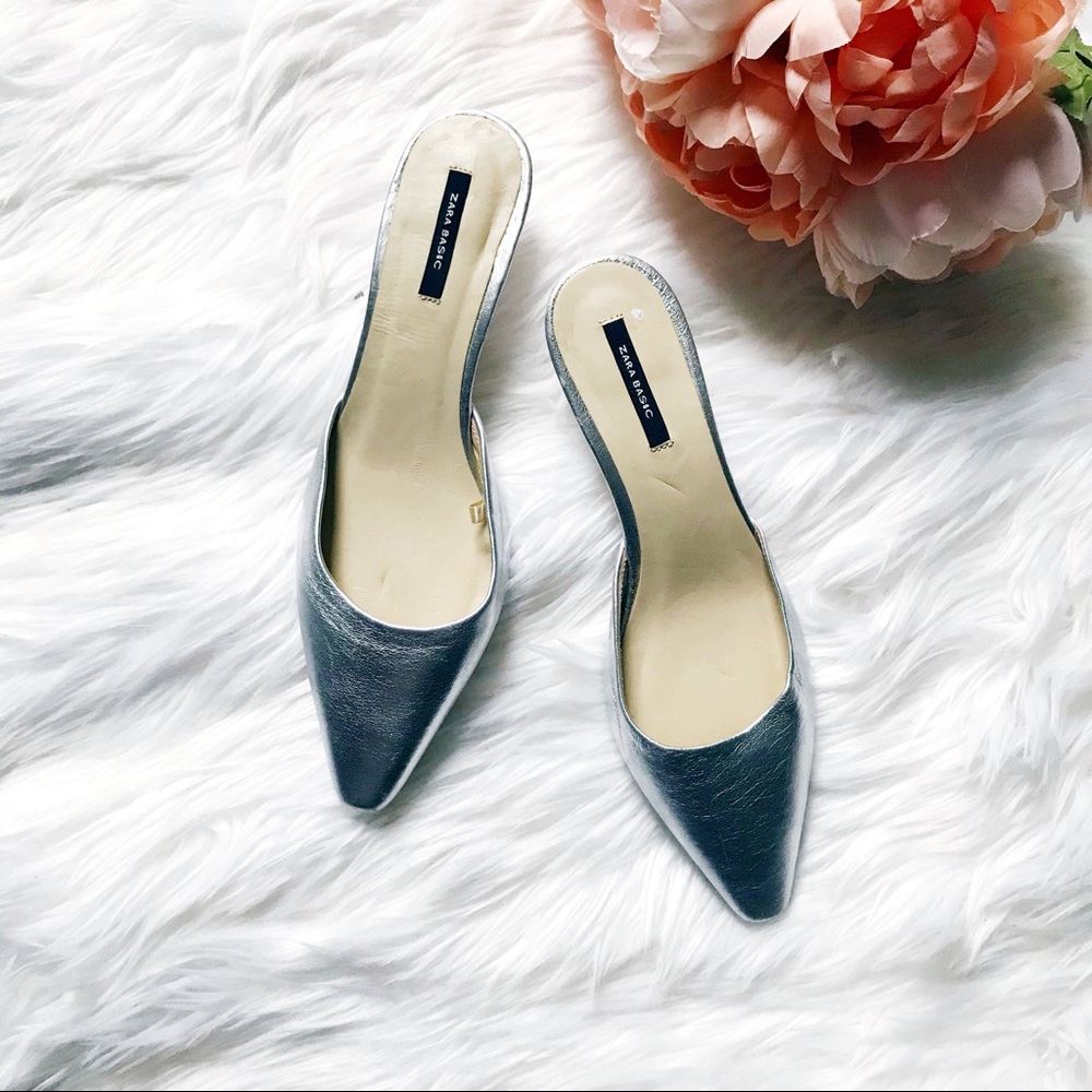 NWOT Zara Silver Metallic Slip On Mules Heels - Picture 6 of 6